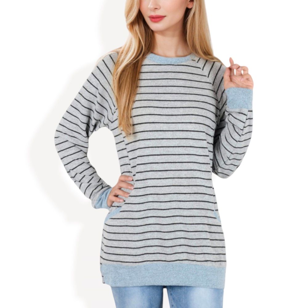 Long Sleeve Striped Pullover with Front Pockets and Contrast Cuffs