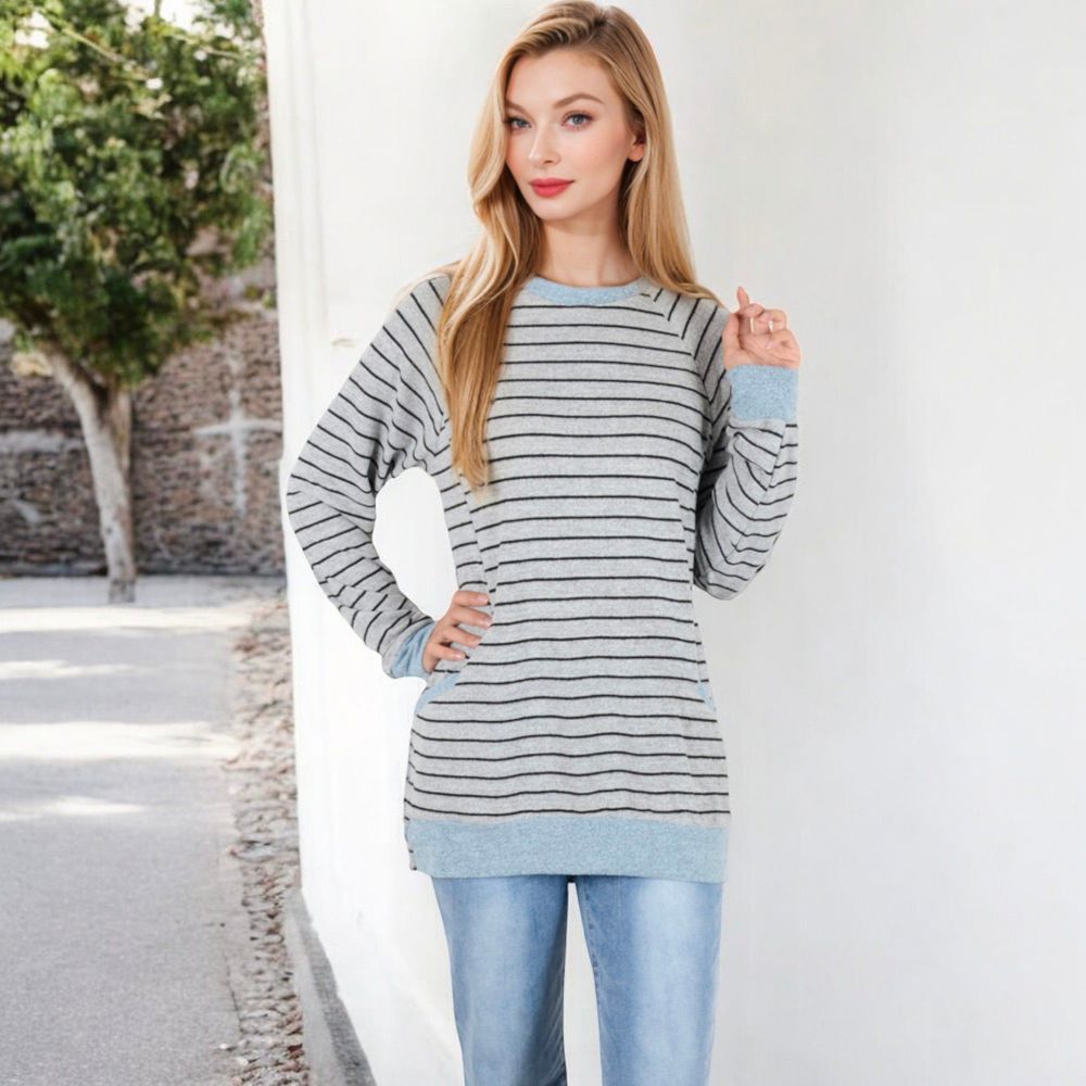 Long Sleeve Striped Pullover with Front Pockets and Contrast Cuffs