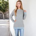  Long Sleeve Striped Pullover with Front Pockets and Contrast Cuffs