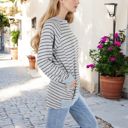  Long Sleeve Striped Pullover with Front Pockets and Contrast Cuffs