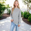  Long Sleeve Striped Pullover with Front Pockets and Contrast Cuffs