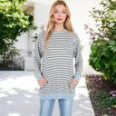  Long Sleeve Striped Pullover with Front Pockets and Contrast Cuffs