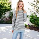  Long Sleeve Striped Pullover with Front Pockets and Contrast Cuffs