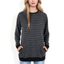 Black Large Long Sleeve Striped Pullover with Front Pockets and Contrast Cuffs