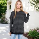 Black Large Long Sleeve Striped Pullover with Front Pockets and Contrast Cuffs