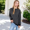 Black Large Long Sleeve Striped Pullover with Front Pockets and Contrast Cuffs