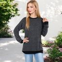 Black Large Long Sleeve Striped Pullover with Front Pockets and Contrast Cuffs