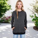 Black Large Long Sleeve Striped Pullover with Front Pockets and Contrast Cuffs