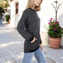 Black Large Long Sleeve Striped Pullover with Front Pockets and Contrast Cuffs