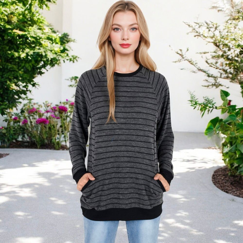 Long Sleeve Striped Pullover with Front Pockets and Contrast Cuffs