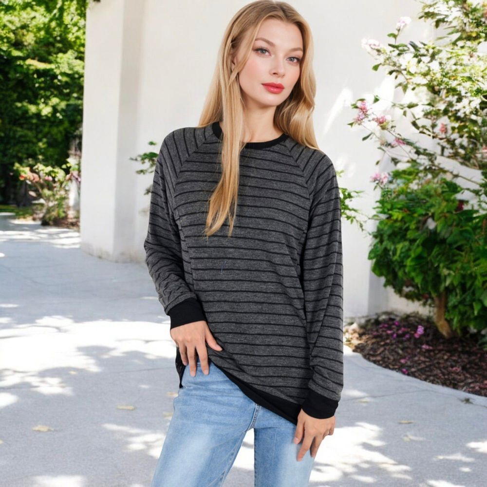 Long Sleeve Striped Pullover with Front Pockets and Contrast Cuffs