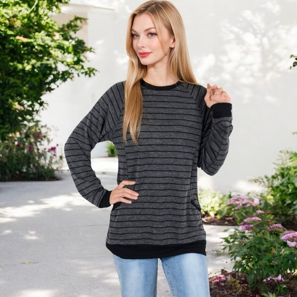 Long Sleeve Striped Pullover with Front Pockets and Contrast Cuffs