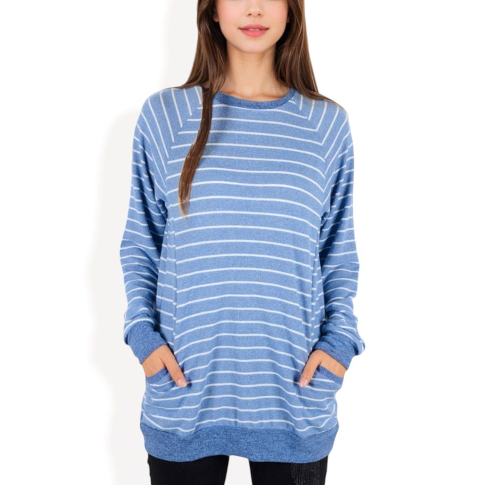 Long Sleeve Striped Pullover with Front Pockets and Contrast Cuffs