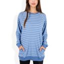 Blue Large Long Sleeve Striped Pullover with Front Pockets and Contrast Cuffs