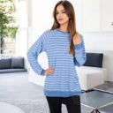 Blue Large Long Sleeve Striped Pullover with Front Pockets and Contrast Cuffs