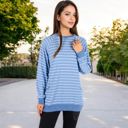 Blue Large Long Sleeve Striped Pullover with Front Pockets and Contrast Cuffs