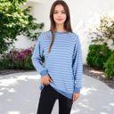 Blue Large Long Sleeve Striped Pullover with Front Pockets and Contrast Cuffs