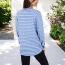 Blue Large Long Sleeve Striped Pullover with Front Pockets and Contrast Cuffs