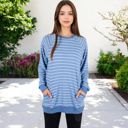 Blue Large Long Sleeve Striped Pullover with Front Pockets and Contrast Cuffs