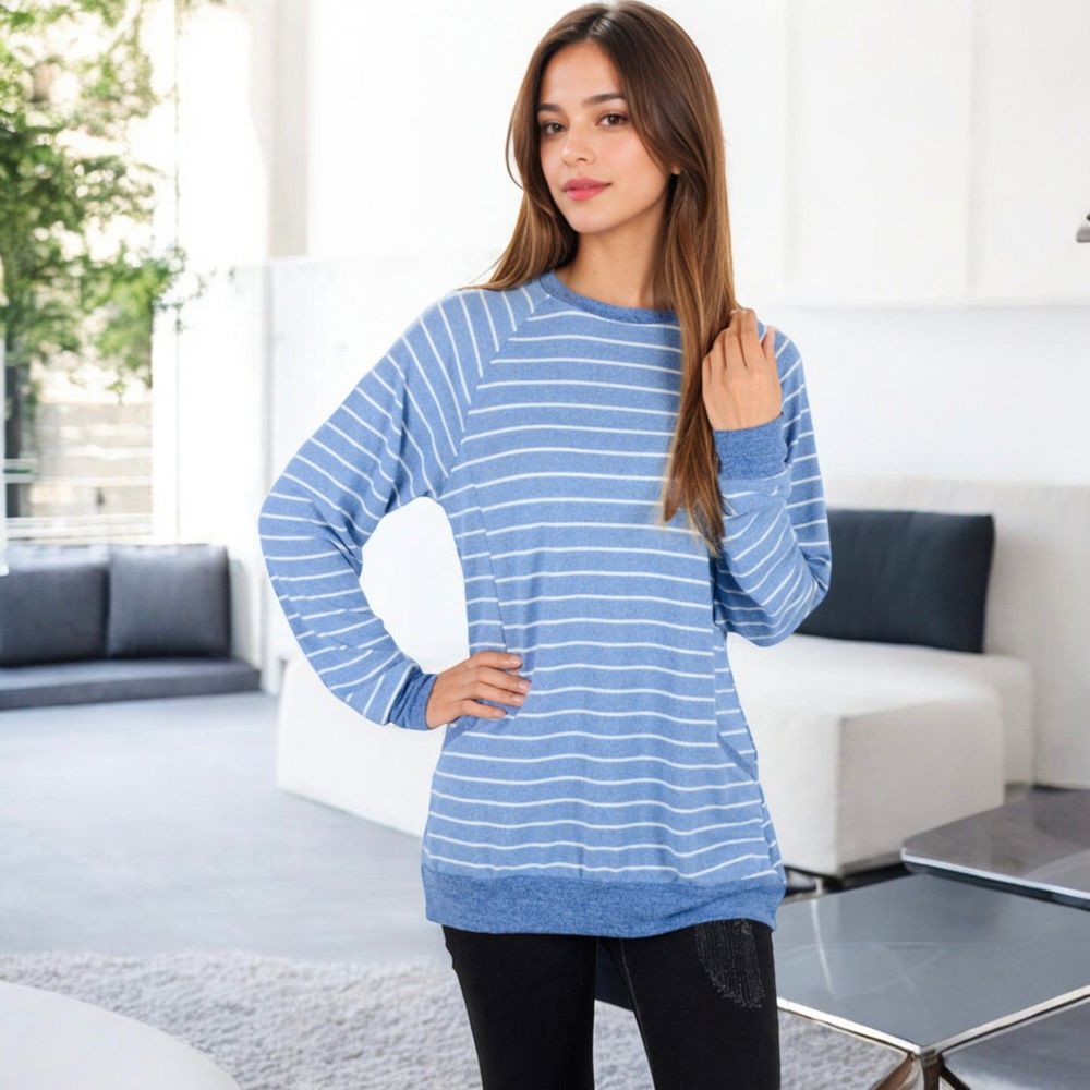 Long Sleeve Striped Pullover with Front Pockets and Contrast Cuffs