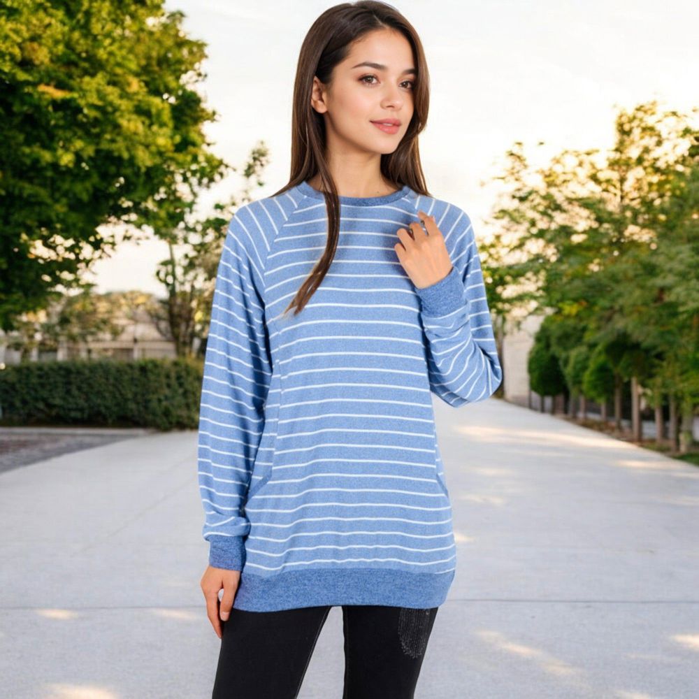 Long Sleeve Striped Pullover with Front Pockets and Contrast Cuffs