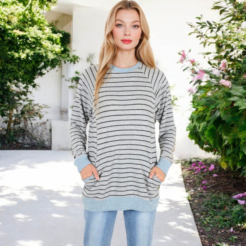 Long Sleeve Striped Pullover with Front Pockets and Contrast Cuffs