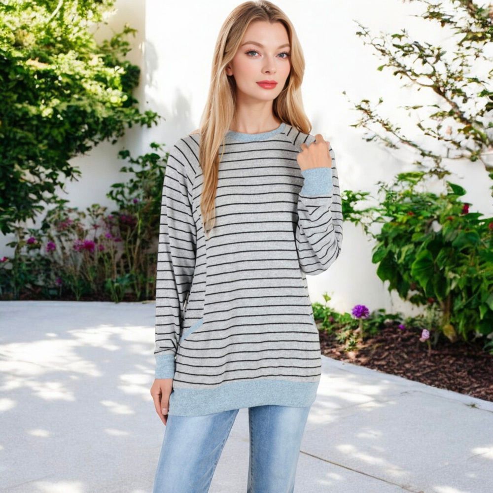 Long Sleeve Striped Pullover with Front Pockets and Contrast Cuffs