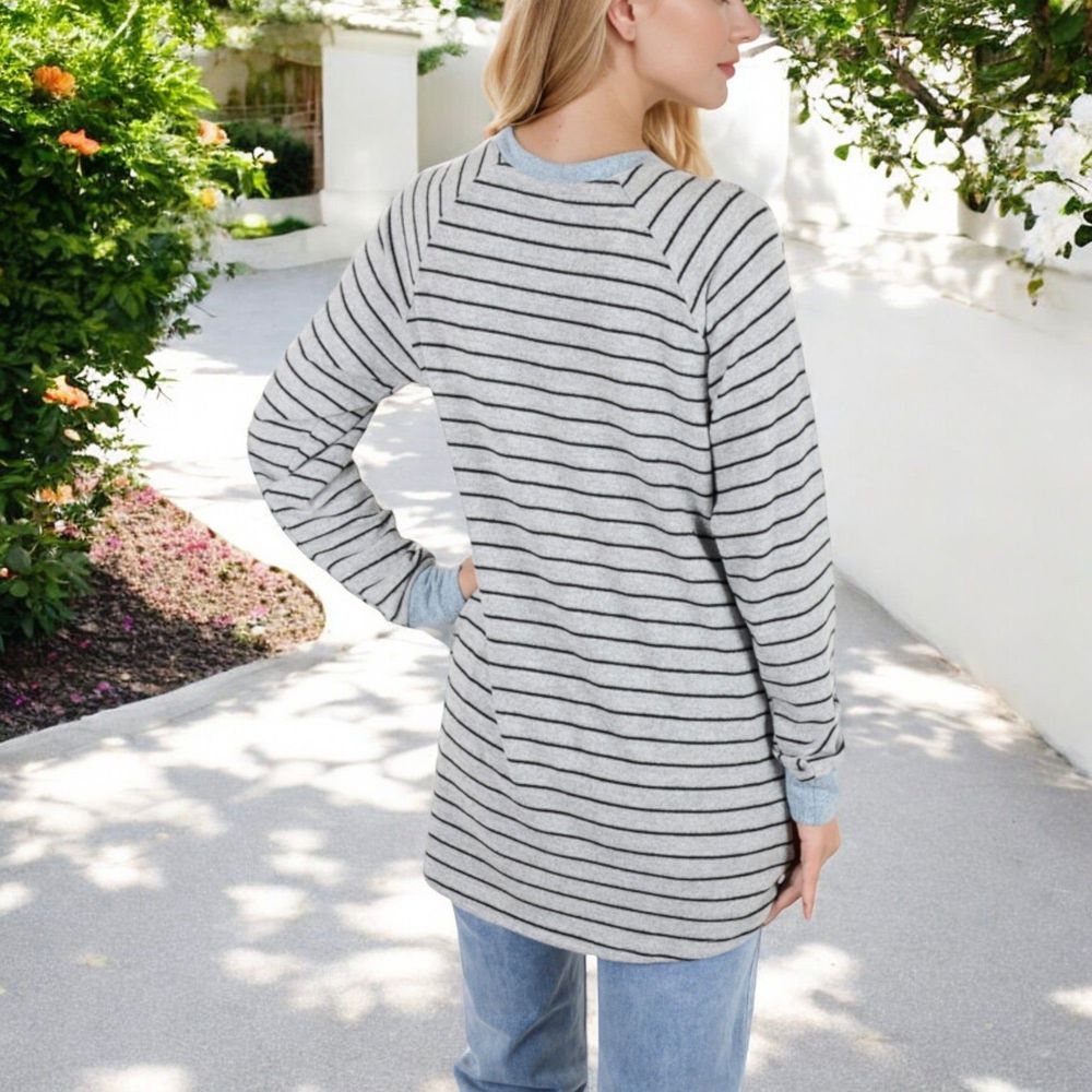 Long Sleeve Striped Pullover with Front Pockets and Contrast Cuffs