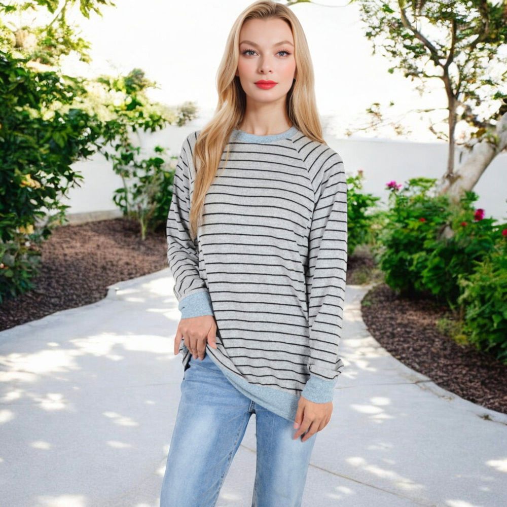 Long Sleeve Striped Pullover with Front Pockets and Contrast Cuffs