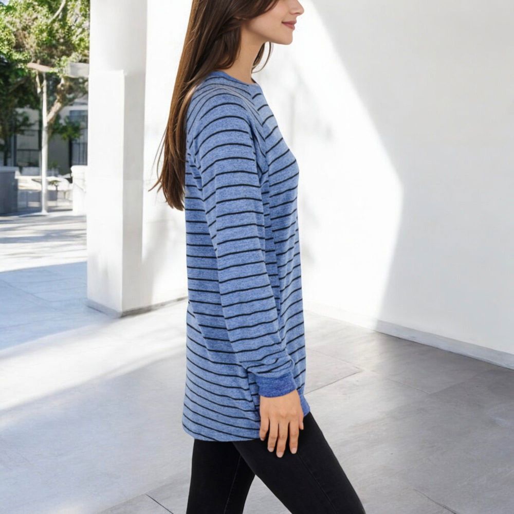 Long Sleeve Striped Pullover with Front Pockets and Contrast Cuffs