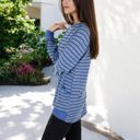 Blue Large Long Sleeve Striped Pullover with Front Pockets and Contrast Cuffs