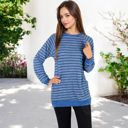 Blue Large Long Sleeve Striped Pullover with Front Pockets and Contrast Cuffs