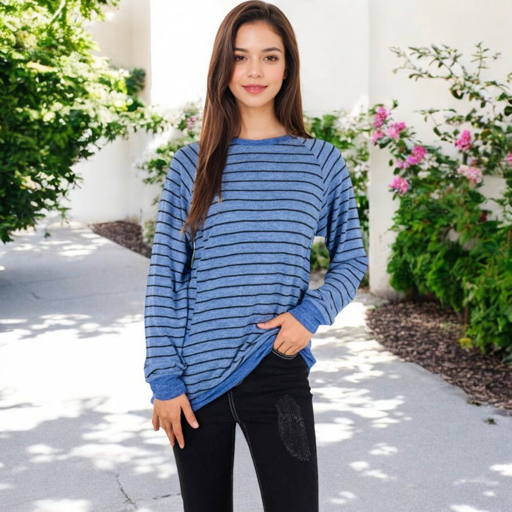 Long Sleeve Striped Pullover with Front Pockets and Contrast Cuffs