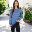 Blue Large Long Sleeve Striped Pullover with Front Pockets and Contrast Cuffs