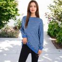 Blue Large Long Sleeve Striped Pullover with Front Pockets and Contrast Cuffs