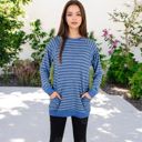 Blue Large Long Sleeve Striped Pullover with Front Pockets and Contrast Cuffs