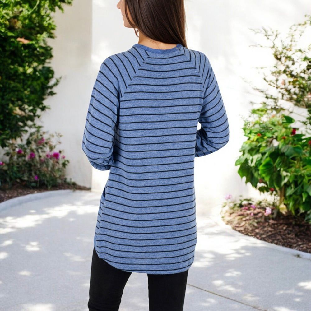 Long Sleeve Striped Pullover with Front Pockets and Contrast Cuffs