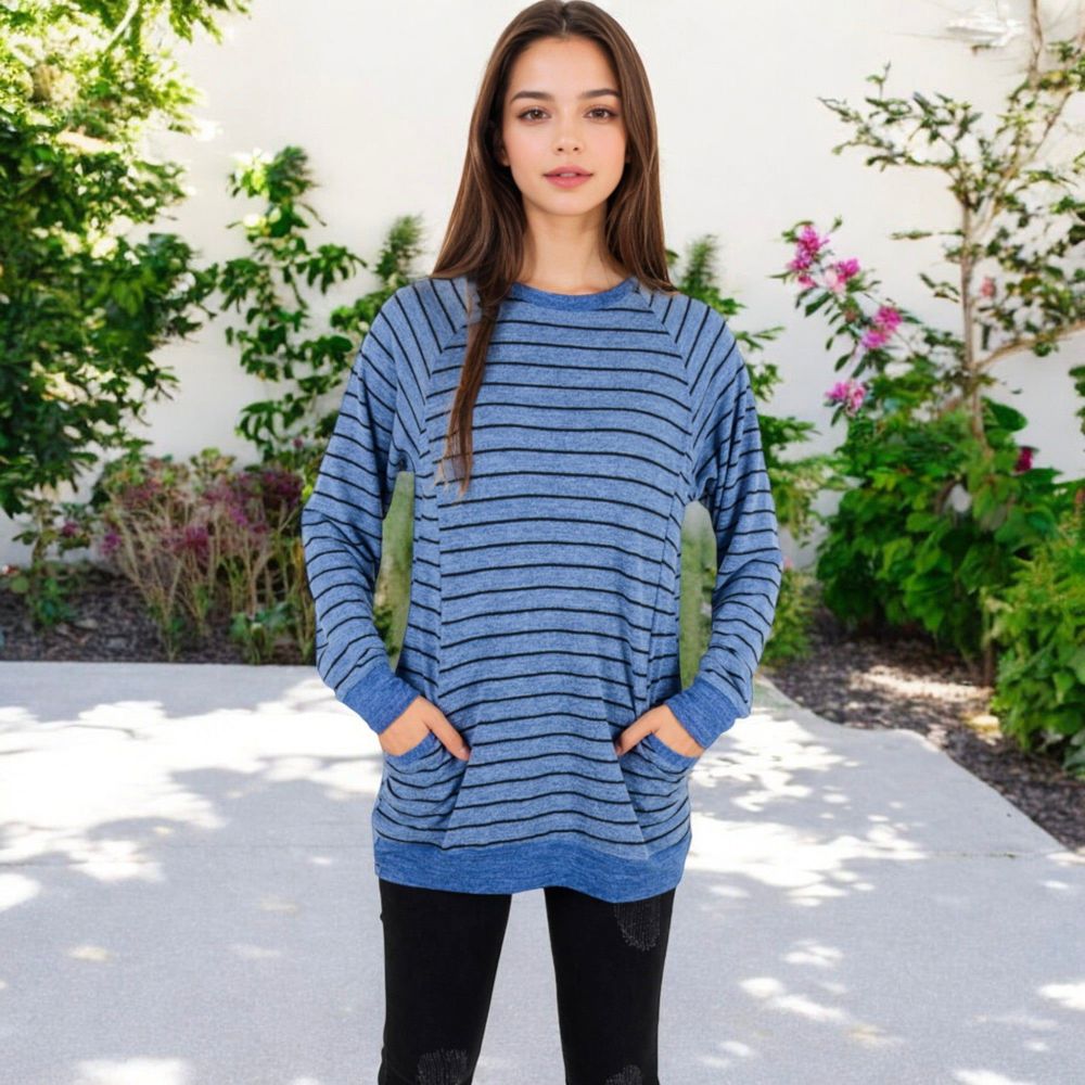 Long Sleeve Striped Pullover with Front Pockets and Contrast Cuffs