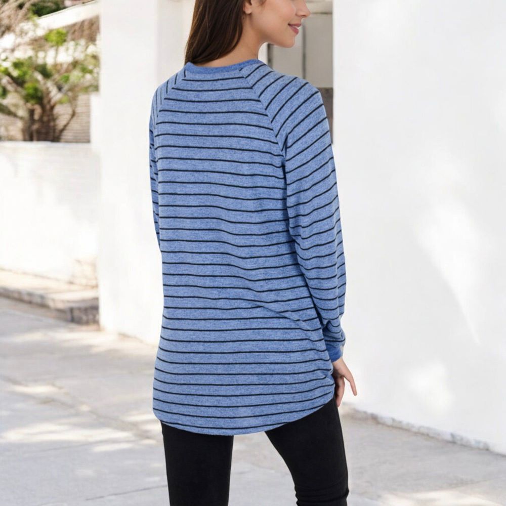 Long Sleeve Striped Pullover with Front Pockets and Contrast Cuffs