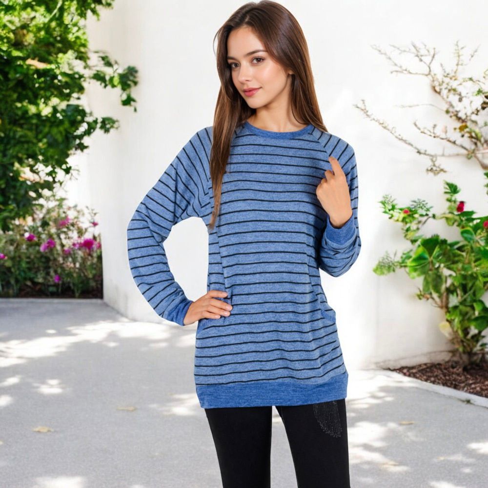 Long Sleeve Striped Pullover with Front Pockets and Contrast Cuffs