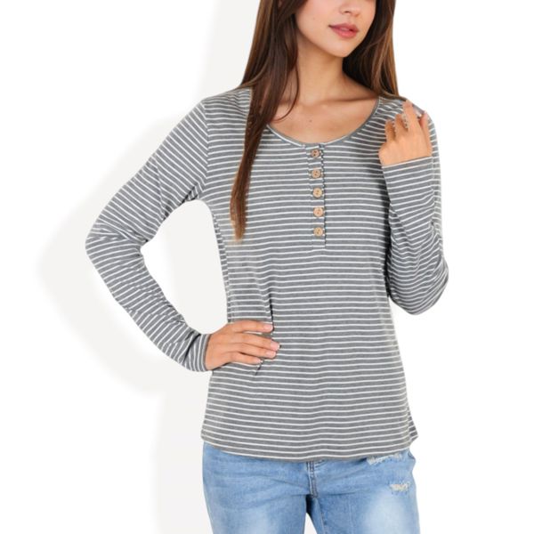 Long Sleeve Striped Henley Top with Button Placket and Scoop Neck