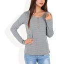  Long Sleeve Striped Henley Top with Button Placket and Scoop Neck