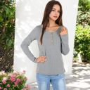  Long Sleeve Striped Henley Top with Button Placket and Scoop Neck