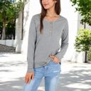  Long Sleeve Striped Henley Top with Button Placket and Scoop Neck