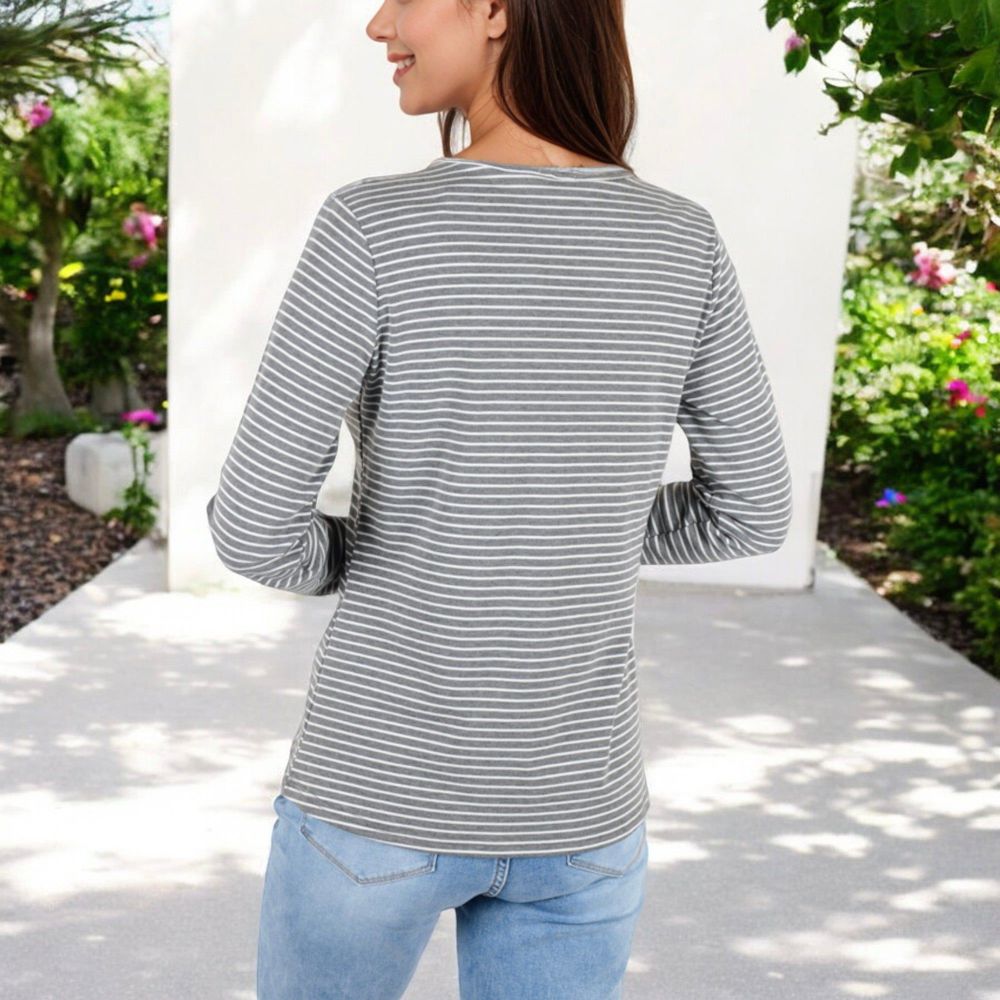 Long Sleeve Striped Henley Top with Button Placket and Scoop Neck