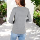  Long Sleeve Striped Henley Top with Button Placket and Scoop Neck