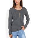 Black Large Long Sleeve Striped Henley Top with Button Placket and Scoop Neck