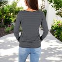 Black Large Long Sleeve Striped Henley Top with Button Placket and Scoop Neck