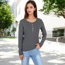 Black Large Long Sleeve Striped Henley Top with Button Placket and Scoop Neck