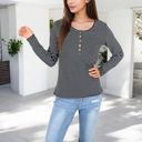 Black Large Long Sleeve Striped Henley Top with Button Placket and Scoop Neck